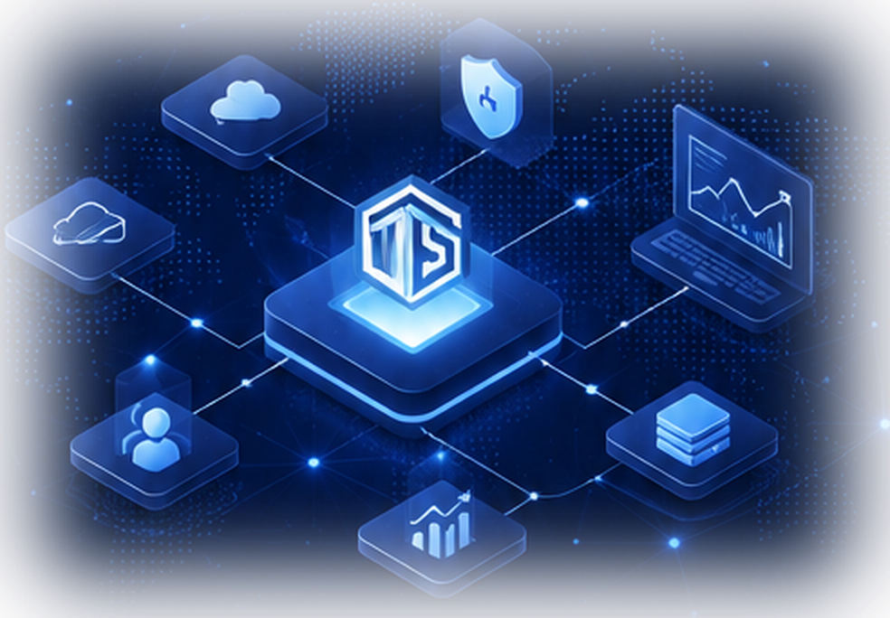 Network, cloud, security and analytics icons around the TTS logo
